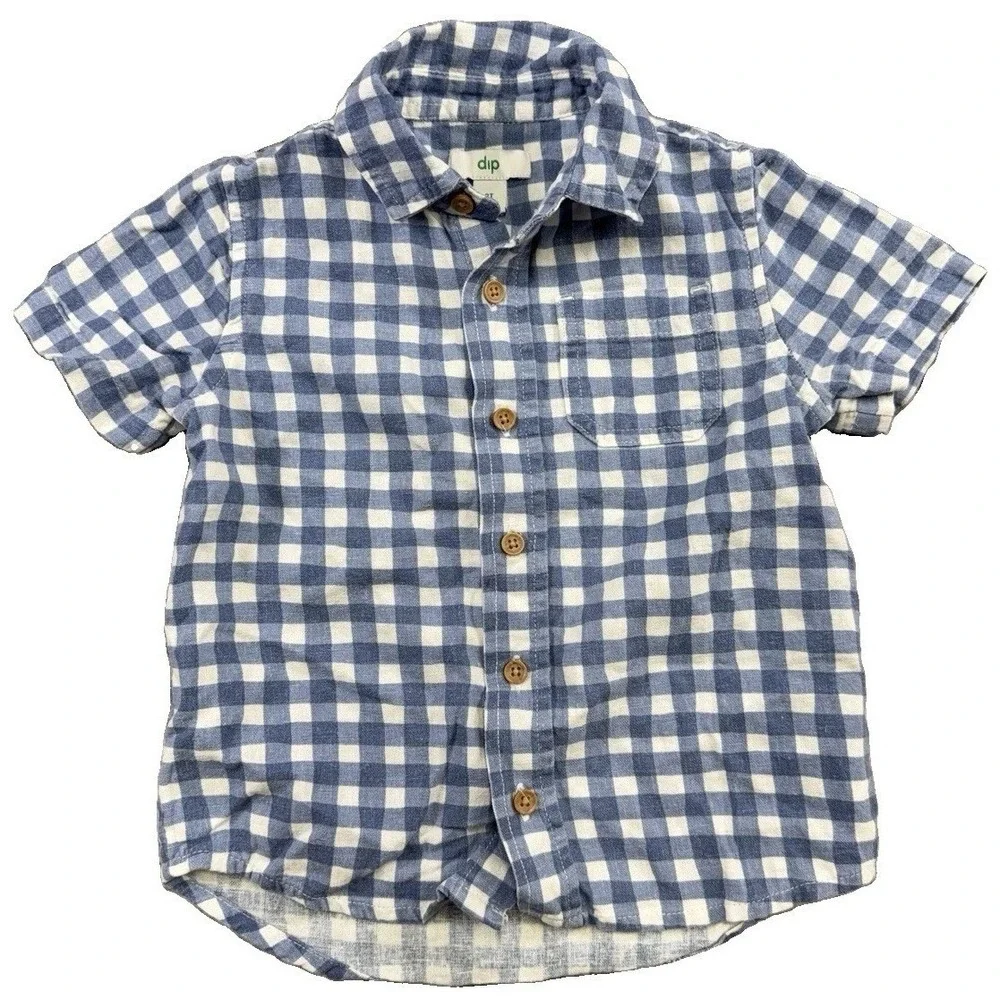DIP Boy's Short Sleeve Linen Blend Gingham  Button Up Toddler Shirt Sz 3T Beachy